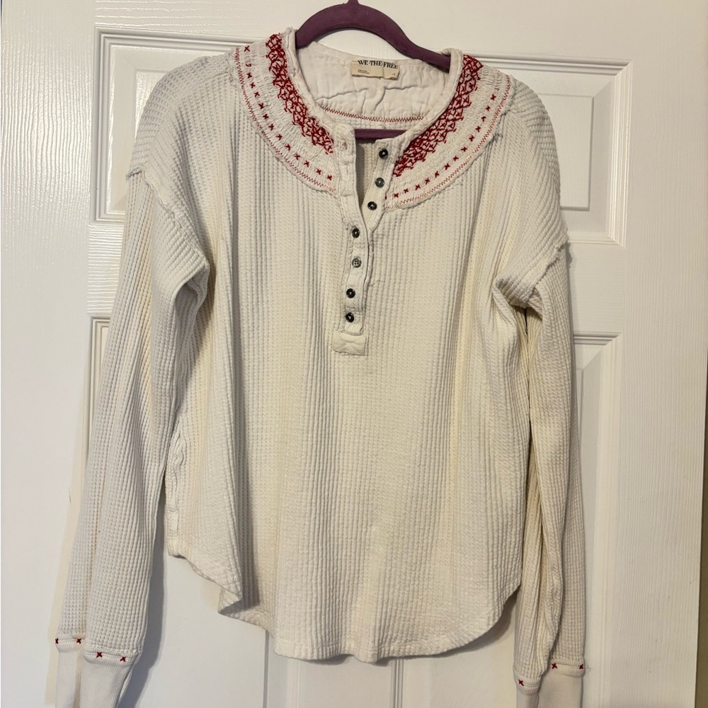 We The Free Henley Button Down Shirt with Red Embroidery